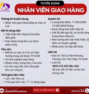 CÔNG TY TNHH TM DV MTV THỰC PHẨM QUỐC TẾ VŨ YẾN TUYỂN DỤNG NHÂN VIÊN GIAO HÀNG