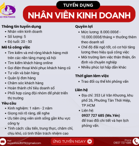 VŨ YẾN FOODS TUYỂN DỤNG NHÂN VIÊN KINH DOANH