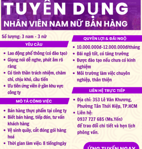 VŨ YẾN FOODS TUYỂN DỤNG NHÂN VIÊN NAM NỮ BÁN HÀNG