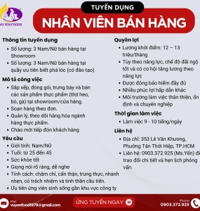 CÔNG TY TNHH TM DV MTV THỰC PHẨM QUỐC TẾ VŨ YẾN TUYỂN DỤNG NHÂN VIÊN BÁN HÀNG
